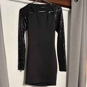 Mac Duggal Black Dress with Sequin Sleeves